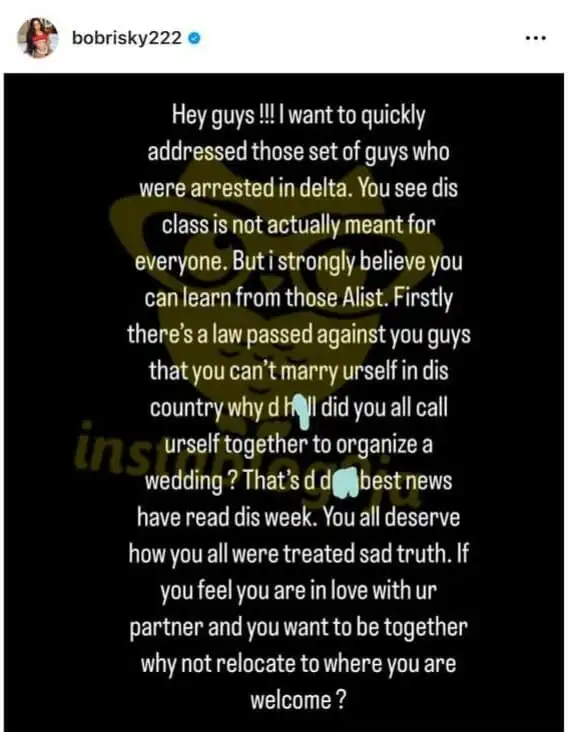 They deserve it Bobrisky reacts to the mass arrest of homosexual at a wedding in