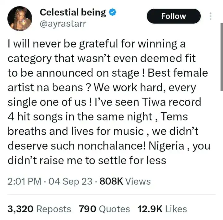 I will never be grateful for winning a category that wasnt even deemed fit to be announced on stage Ayra Starr calls out Headies