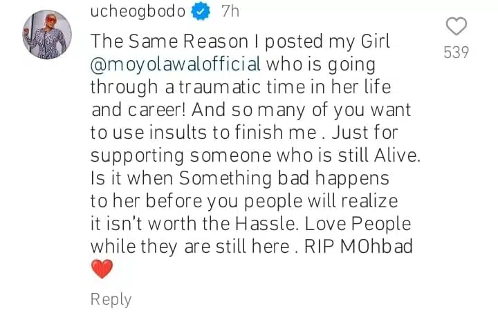 The reason why I am supporting Moyo Lawal who is going through traumatic time and am being dragged Uche Ogbodo reacts to the death of Mohbad