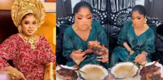 Bobrisky spotted eating garri and groundnut with guinea fowl (Video)