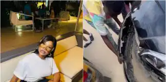 “Give me the keys” – Tacha blows hot, seizes tricycle after it bashed her Mercedes Benz