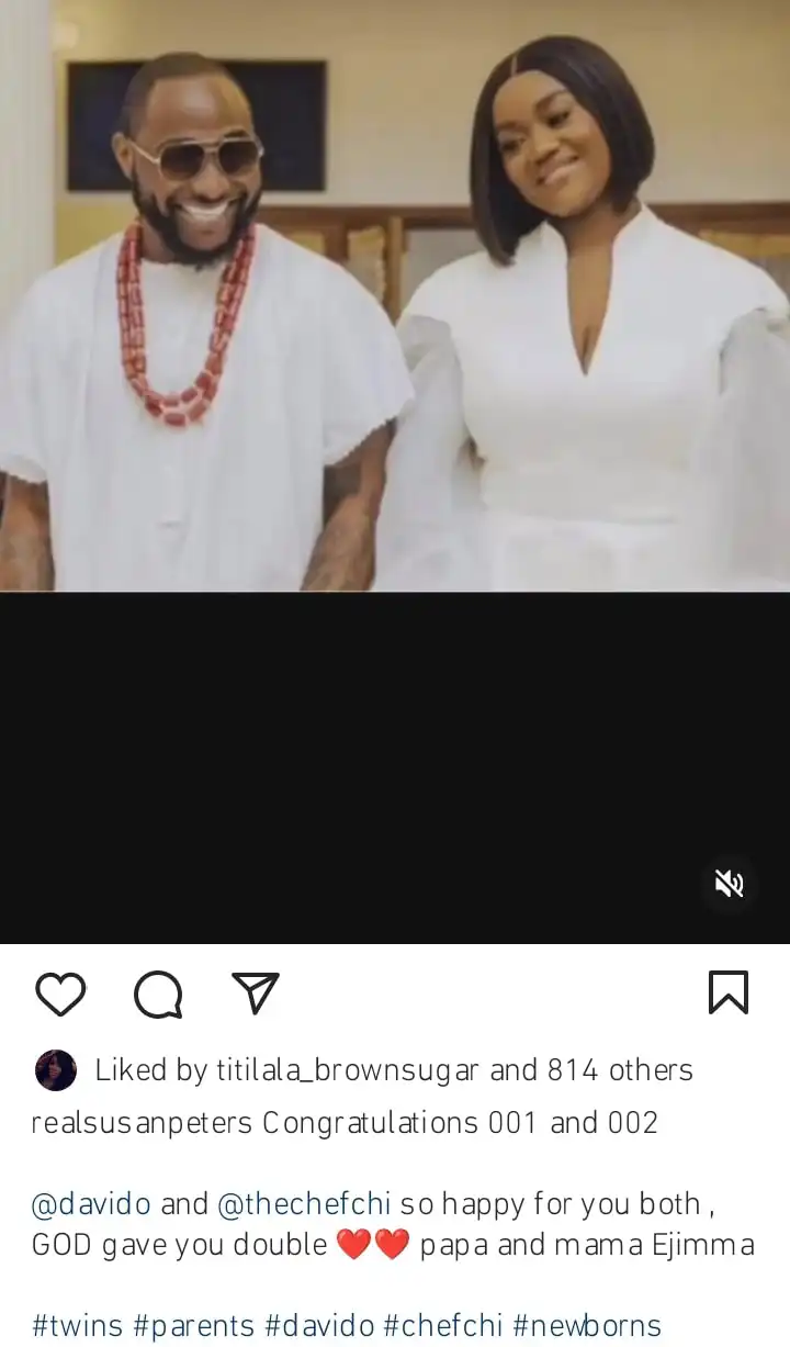 God gave them double Susan Peters congratulate Davido and Chioma on the birth