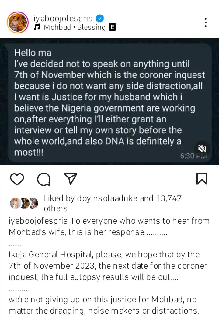 I have decided not to speak on anything because I dont want any side distraction Mohbads wife Omawunmi Kemi Filani blog 1 min