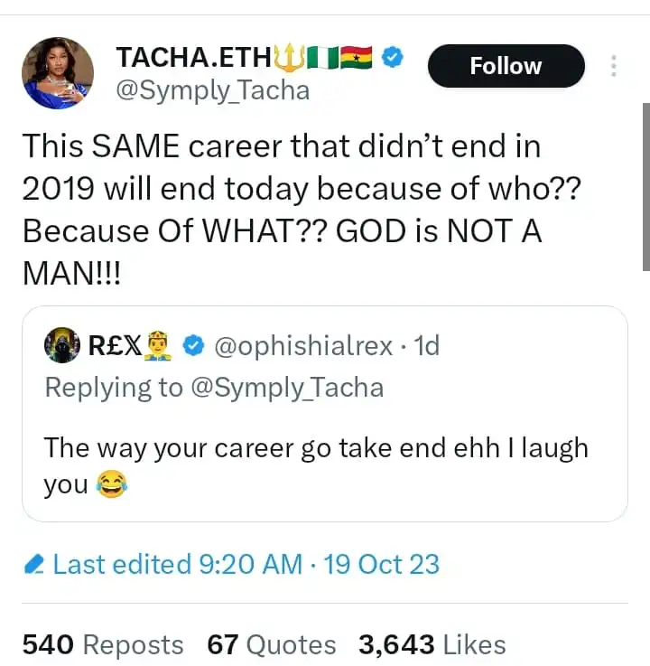 If it didnt end in 2019 it cant end now Tacha replies troll who predicted her career downfall Kemi Filani blog min 1