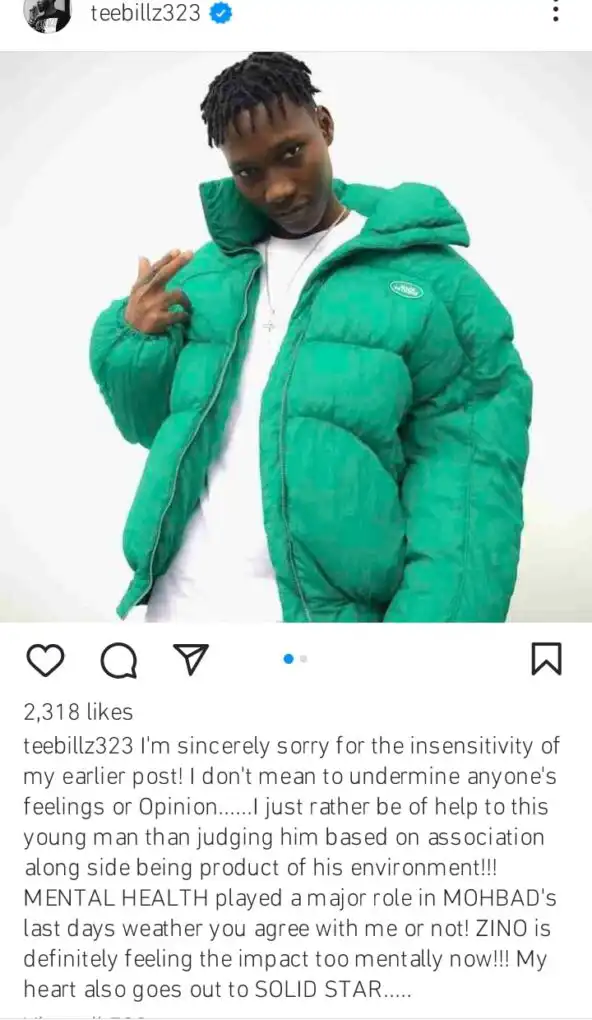 Mental health played a role in Mohbads death Tee Billz reveals as he tenders apology over support for Zinoleesky