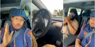 “Hold that thing!” – Mike Ezuruonye cries out as friend leaves Telsa Car steering, sets vehicle on auto-drive