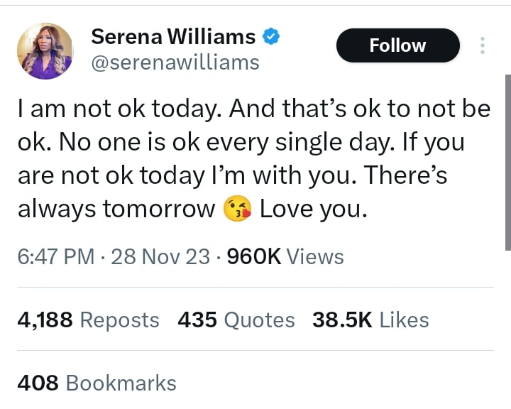 “I am not okay today” Serena Williams opens up, sends message to her fans 1 I am not okay today Serena Williams opens up Kemi Filani blog min