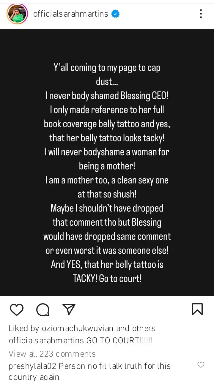 I never body shamed Blessing CEO and can never body shame a woman Sarah Martins makes uturn