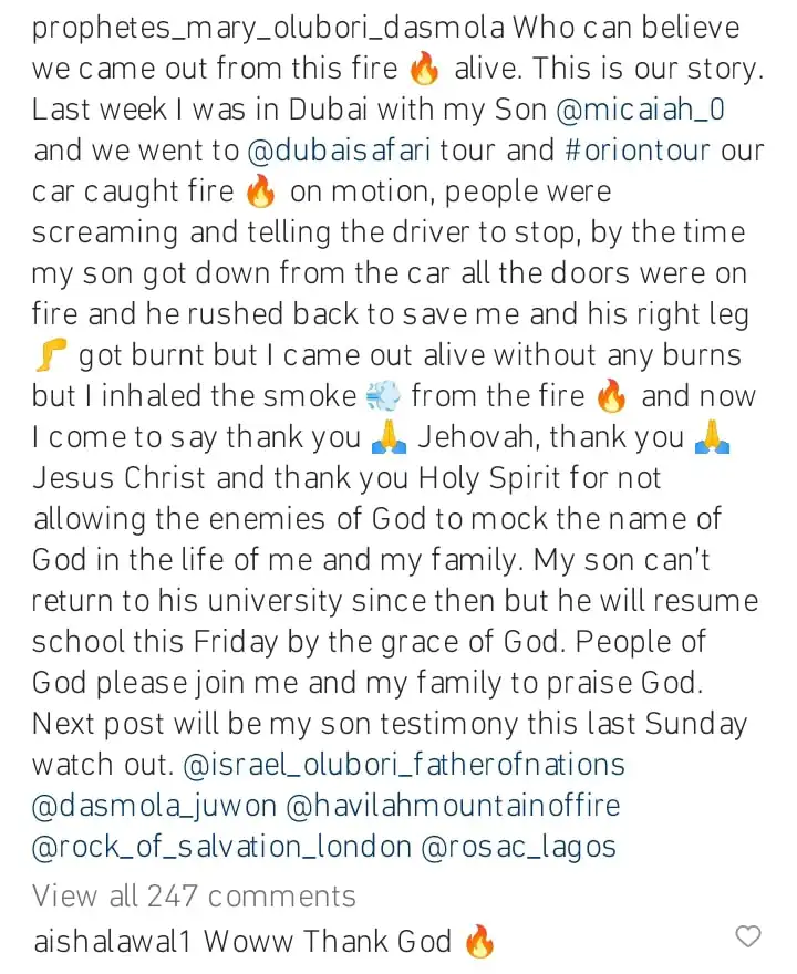 My sons right leg is burnt Prophetess Mary Olubori gives thanks as she escapes