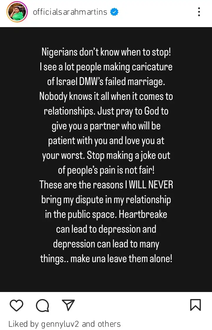 Stop making jokes out of peoples pains Sarah Martins sends message to Nigerians over Isreal DMWs failed marriage