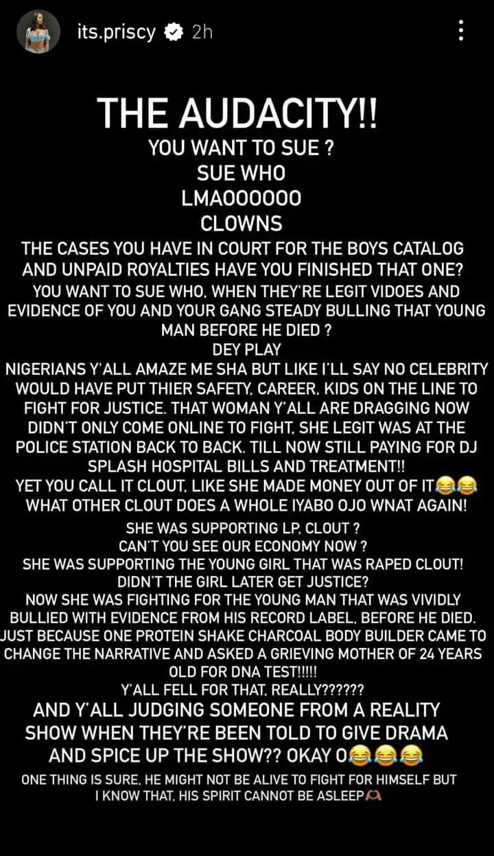 You have the audacity to sue her Priscilla Ojo slams Naira Marley for suing her mother Iyabo Ojo