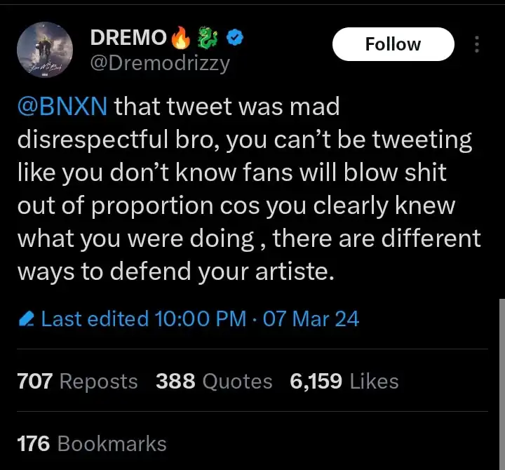 That was disrespectful Dremo slams BNXN over shading tweet to Davido Kemi Filani blog min