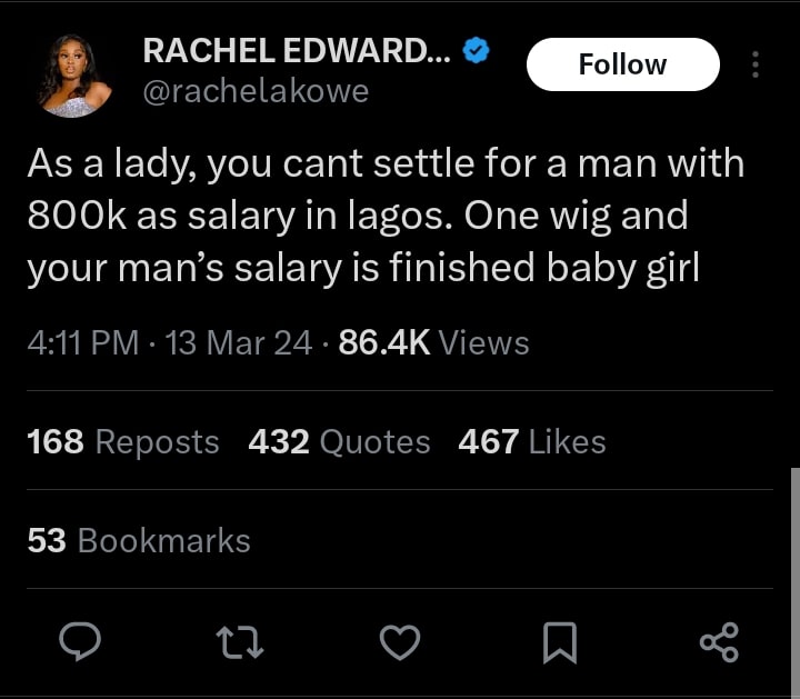 “Why you shouldn’t settle for a man who earns N800k” - Reality Star, Rachel Edwards advises ladies 1 Why you shouldnt settle for a man who earns N800k Rachel Edwards Kemi Filani blog min