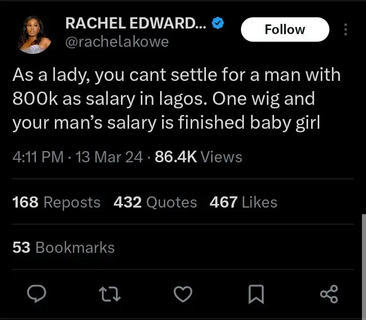 Why you shouldnt settle for a man who earns N800k Rachel Edwards Kemi Filani blog min