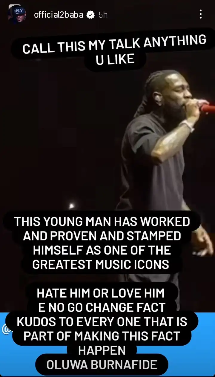 He is one of the greatest music icons 2baba gives accolades to Burna Boy Kemi Filani blog min