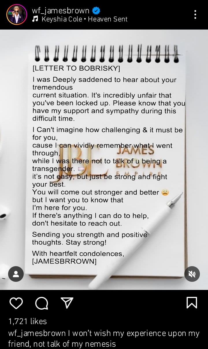“I can't imagine how challenging it must be for you” – James Brown pens open letter to Bobrisky 1 James Brown writes open letter to Bobrisky Kemi Filani blog min