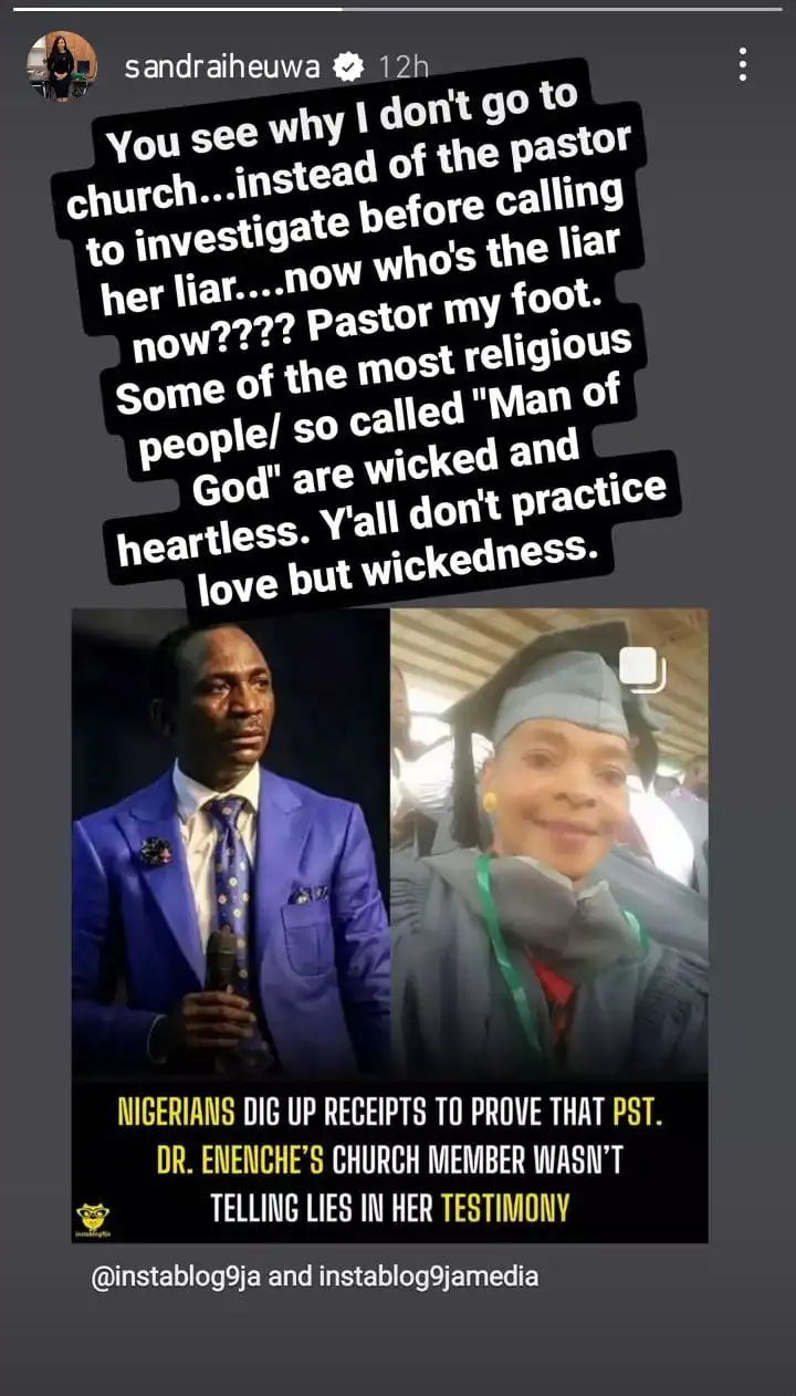 This is why I dont go to church Sandra Iheuwa slams Pastor Enenche for disgracing woman over her testimony Kemi Filani blog min
