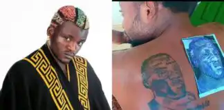 Portable credits fan for tattooing his face on his body