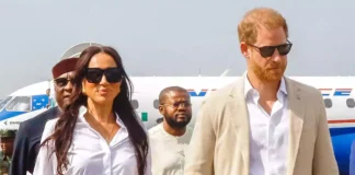 Meghan Markle ties aso oke wrapper as she arrives Lagos with Prince Harry on day 3 of their visit (video)
