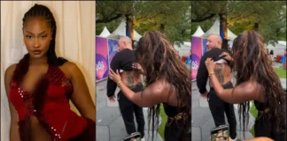 “Not even a hug” – Fans react as Tems meets fan who tattooed her face on his back (Video)