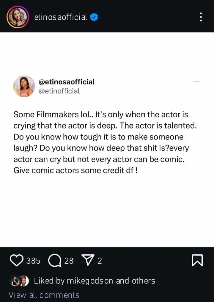 “Do you know how tough it is to make someone laugh” – Etinosa Idemudia Slams Filmmakers 1 Do you know how tough it is to make someone laugh Etinosa Idemudia knocks filmmakers as she makes case for comic actors Kemi Filani blog min 1