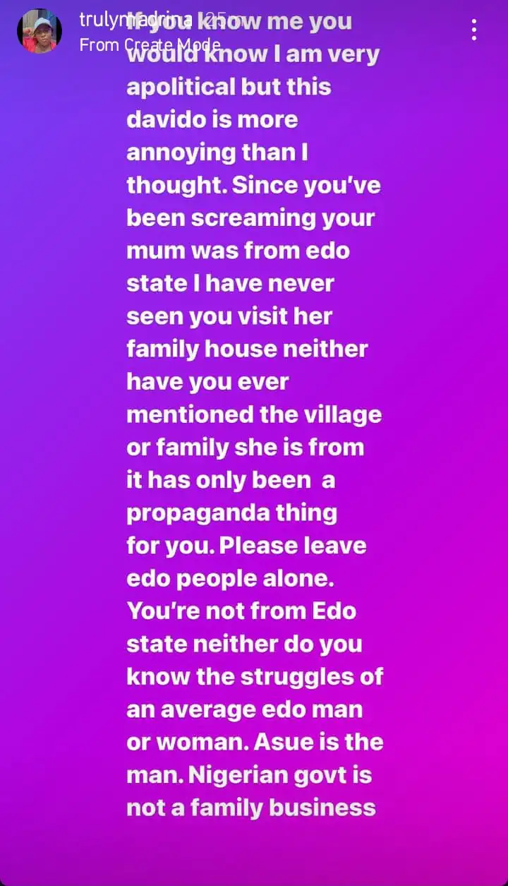 I have never seen you visit yiur mums house Cynthia Morgan slams Davido for speaking on Edo gubernatorial election Kemi Filani blog