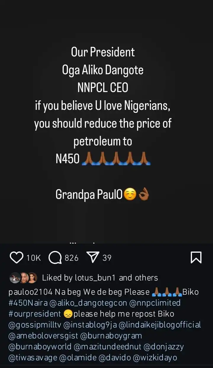 If you love Nigerians you should reduce the price of petroleum to N450 Paulo Okoye appeals to President Tinubu Dangote and NNPCL CEO Kemi Filani blog min