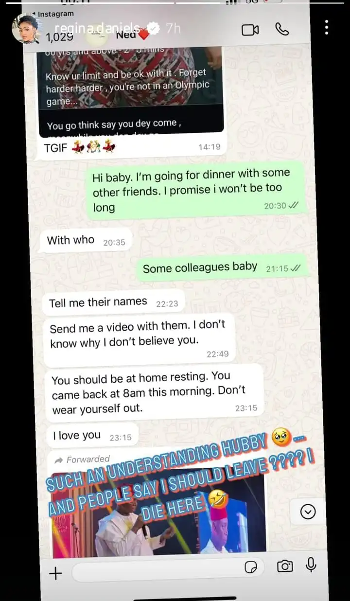 And people say I should leave I die here Regina Daniels says as she shares screenshot of her chat with husband Kemi Filani blog min 1