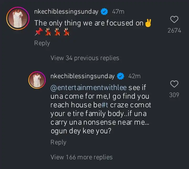 If anyone comes for me I will trace you to your house and beat you Nkechi Blessing says as she defends Davido over Wizkid Kemi Filani blog min