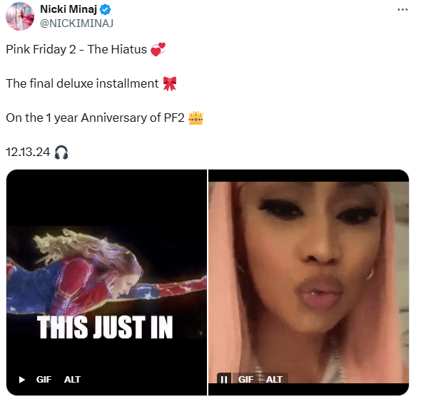 nicki minaj tweet pink friday 2 album deluxe edition 2024 thatgrapejuice