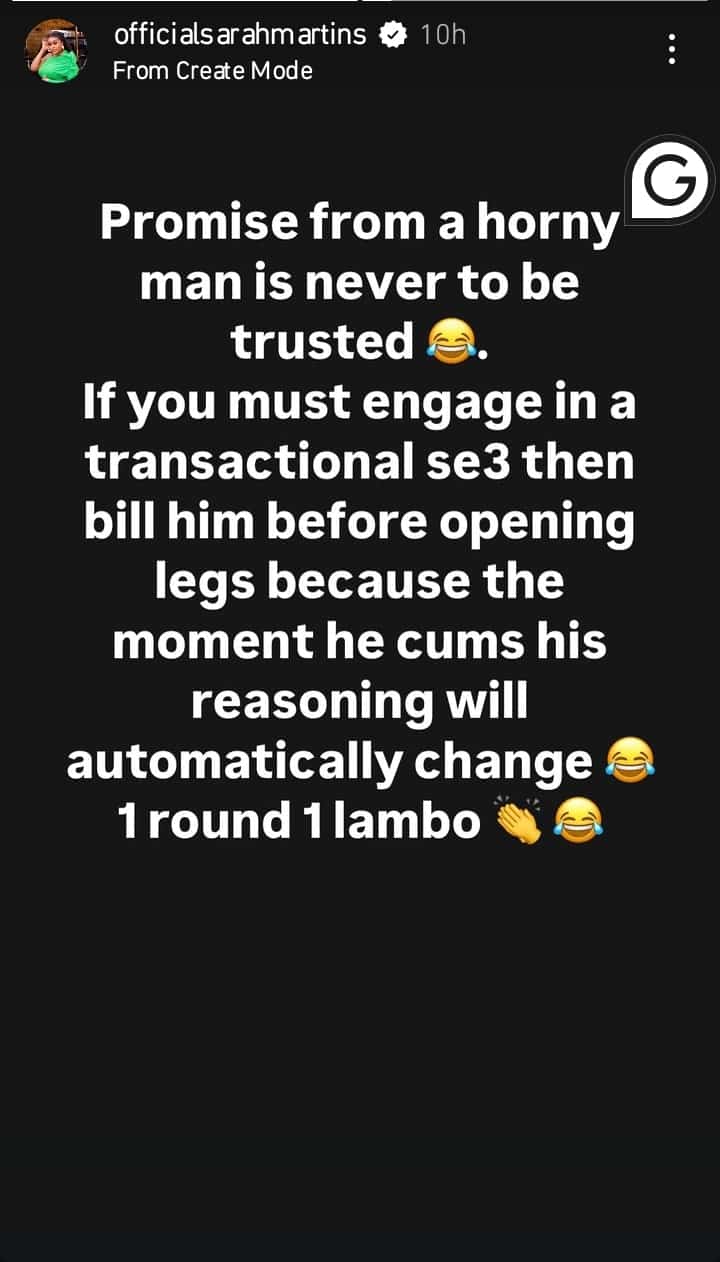 “Promise from a horny man is never to be trusted” - Sarah Martins Weighs in on Burna Boy and Sophia Egbueje’s Drama 2 Promise from a horny man is never to be trusted Sarah Martins reacts to Burna Boy and Sophia Egbuejes Lamborghini brouhaha Kemi Filani blog min 1