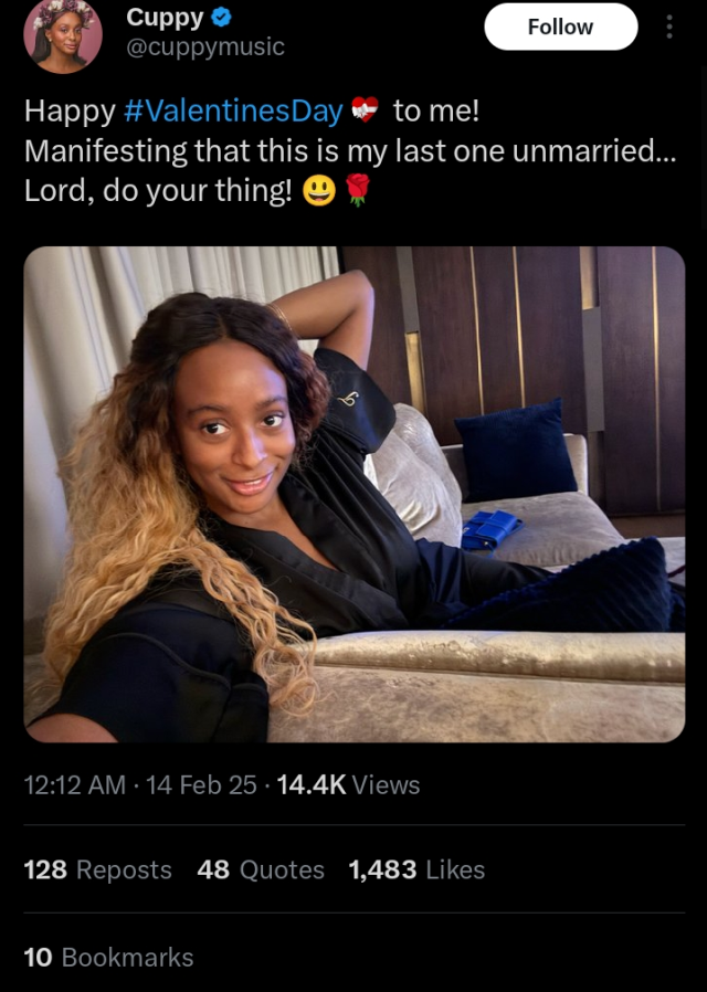 "I hope this is my last valentine being single" - DJ Cuppy Celebrates Valentine’s Day, Manifesting Marriage Soon 2 Screenshot 20250214 003711