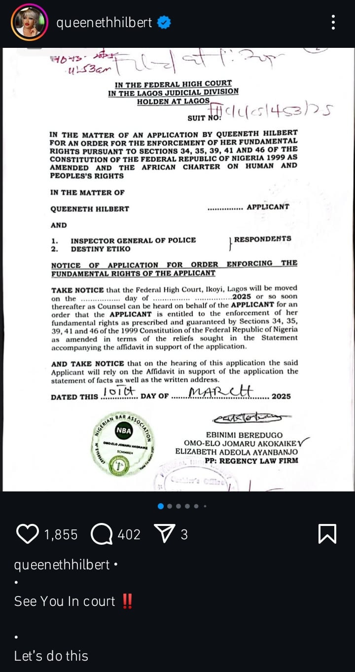 "See you in court, Let’s do this" - Queeneth Hilbert Fires Back at Destiny Etiko Amid N100M Lawsuit 1 See you in court Queeneth Hilbert tells Destiny Etiko as she files application for order Kemi Filani blog min 1