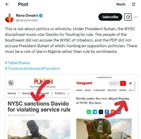"PDP did not accuse President Buhari of witch-hunting" - Reno Omokri Calls for Disciplinary Action Against Corper Raye Over NYSC Rule Violation 2 WhatsApp Image 2025 03 18 at 05.12.38 7db0b42f.jpg