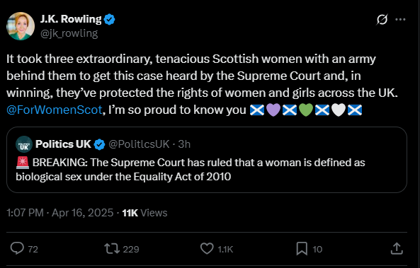 JK Rowling Reacts as UK Supreme Court Rules “Woman” Means Biological Sex Under Equality Act