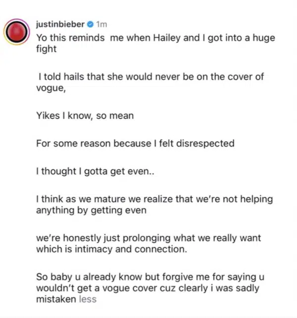 Justin Bieber tenders apology to wife Hailey as she graces cover of Vogue magazine 1 Justin Bieber Hailey Bierber Vogue TGJ