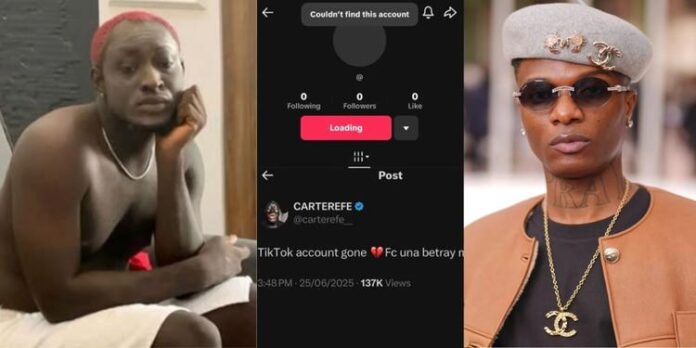 Carter Efe Heartbroken as TikTok Account Gets Taken Down After Insulting Wizkid
