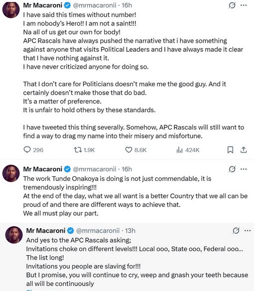 "I am not a saint" - Mr Macaroni Blasts APC Loyalists Over Fresh Celebrity-Politics Controversy 1 ronis