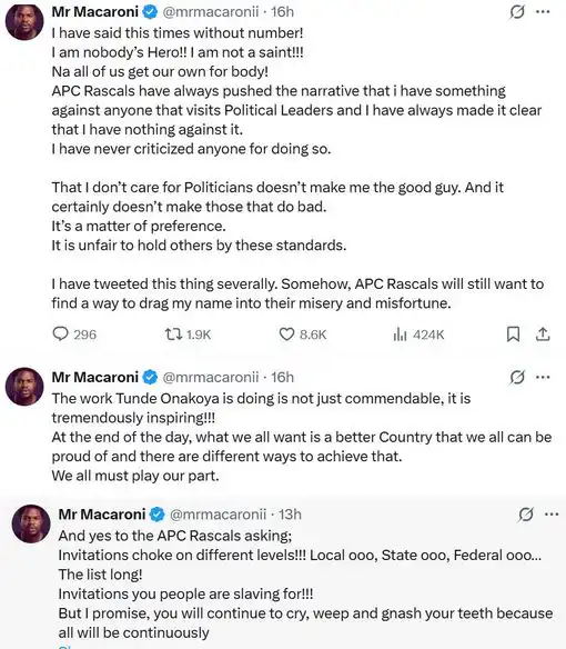 "I am not a saint" - Mr Macaroni Blasts APC Loyalists Over Fresh Celebrity-Politics Controversy 1 ronis