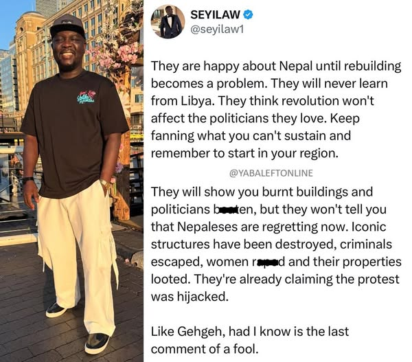 "Remember to start in your region" - Comedian, Seyi Law tells Nigerians excited about the Nepal protest 1 G0e 0M2XYAAXmdZ