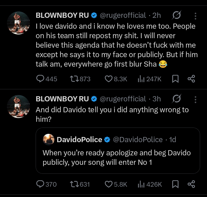"Did Davido tell you I did anything wrong to him?” - Ruger dispels rumors of a feud with Davido following fan speculation on X 1 Screenshot 20251118 213849
