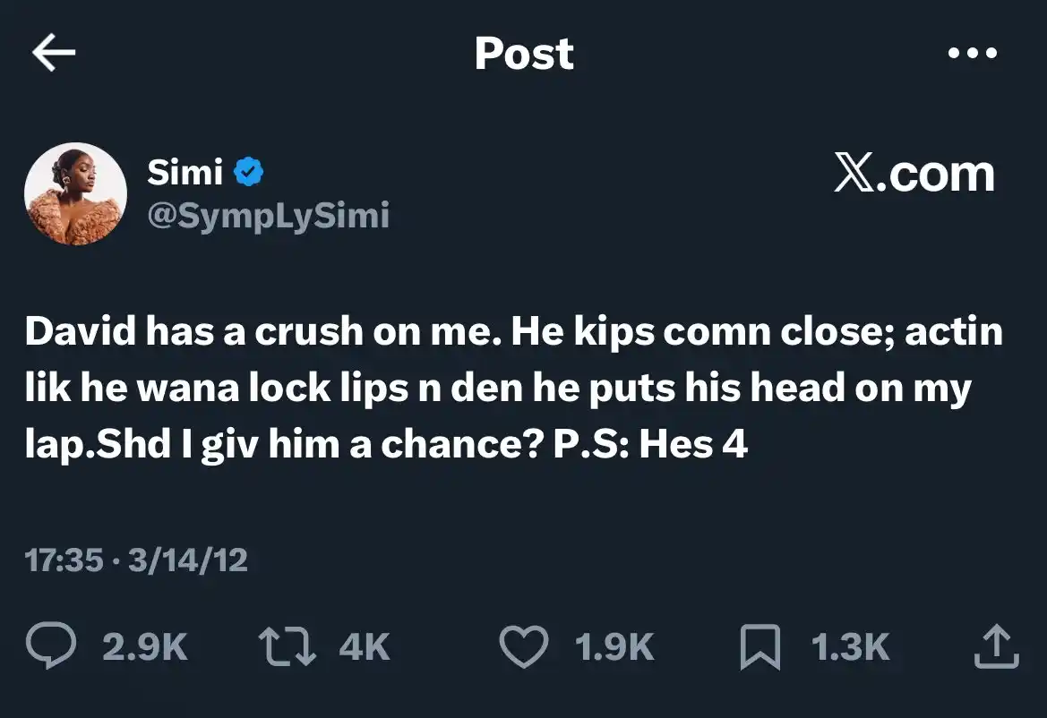 “‘Should I Give Him a Chance?’ — Simi Faces Backlash as Her 2012 Tweet About a 4-Year-Old Resurfaces 2 Simi old tweet