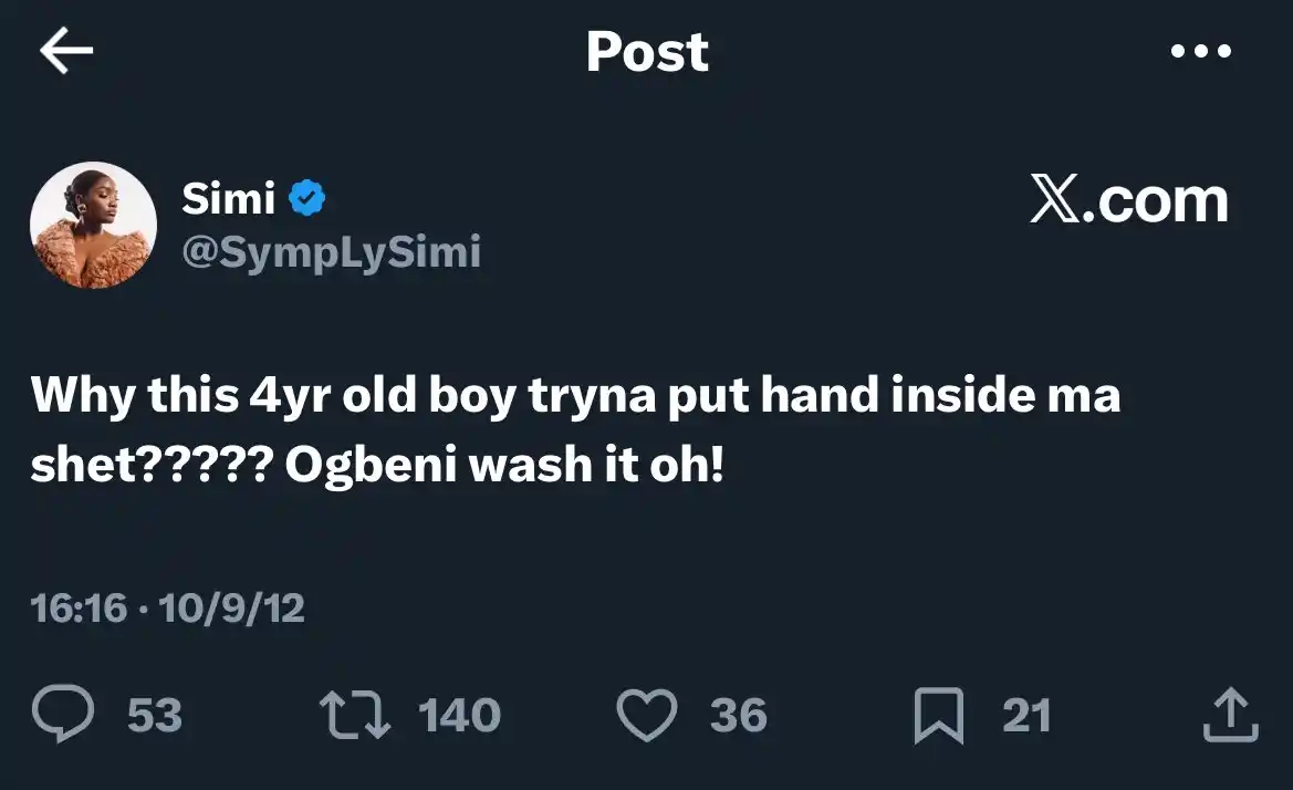 “‘Should I Give Him a Chance?’ — Simi Faces Backlash as Her 2012 Tweet About a 4-Year-Old Resurfaces 1 Simi old tweet 1