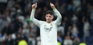 Real Madrid's Uruguayan midfielder #08 Federico Valverde reacts at the end of the UEFA Champions League last 16 first leg football match between Real Madrid CF and Manchester City at Santiago Bernabeu Stadium in Madrid on March 11, 2026. Valverde scored a hat-trick to lead Real Madrid to a 3-0 win. (Photo by Thomas COEX / AFP)