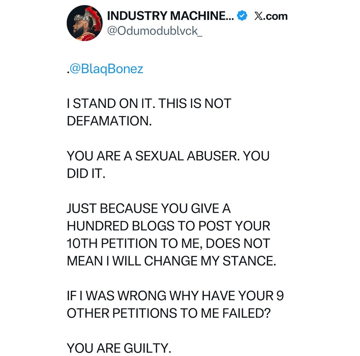 “I stand on it, You are a s3xual abuser, You did it” — Odumodublvck responds to Blaqbonez lawsuit 1 Odumodublvck Doubles Down on Allegations Against Blaqbonez Amid ₦2 Billion Defamation Lawsuit.